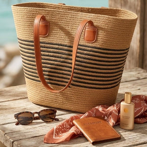 Bolsa de palha grande listrada para praia e viagem — elegante e funcional