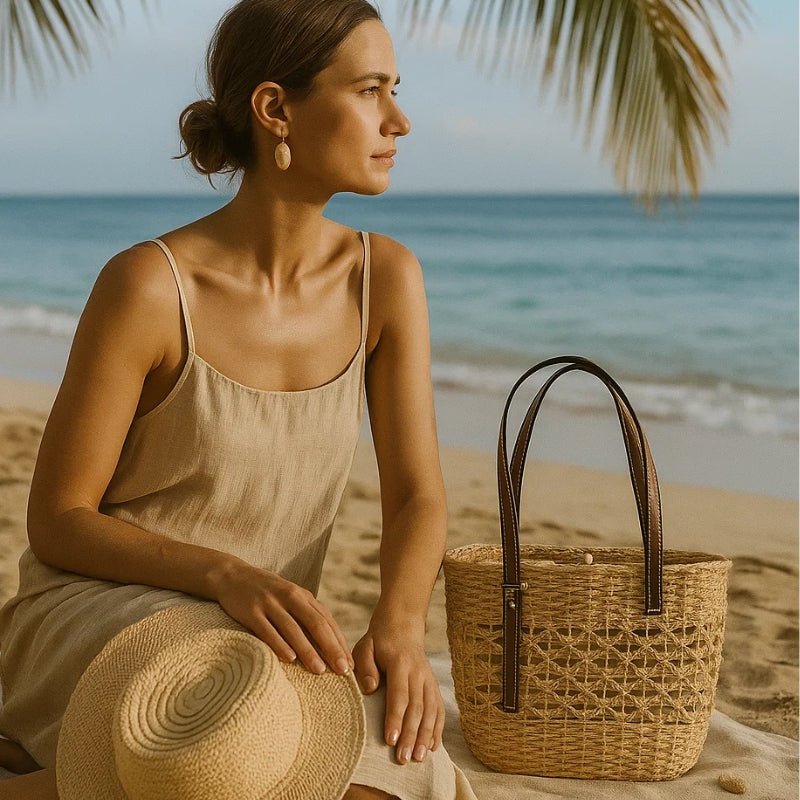 Bolsa de Palha Emma – Charme Natural em Bege Na Praia