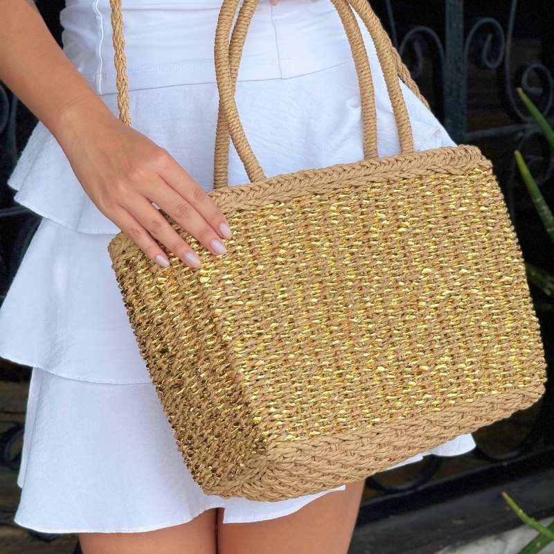 bolsa de palha trancada dourada grande