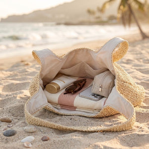 Bolsa de praia artesanal de palha com fechamento em zíper e grande capacidade interior.
