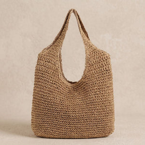 Bolsa de palha rattan cáqui estilo saco — design artesanal elegante para looks de verão