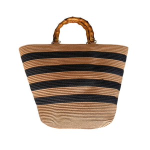 Bolsa de praia Capri cáqui em palha natural com alça de bambu — artesanal e espaçosa