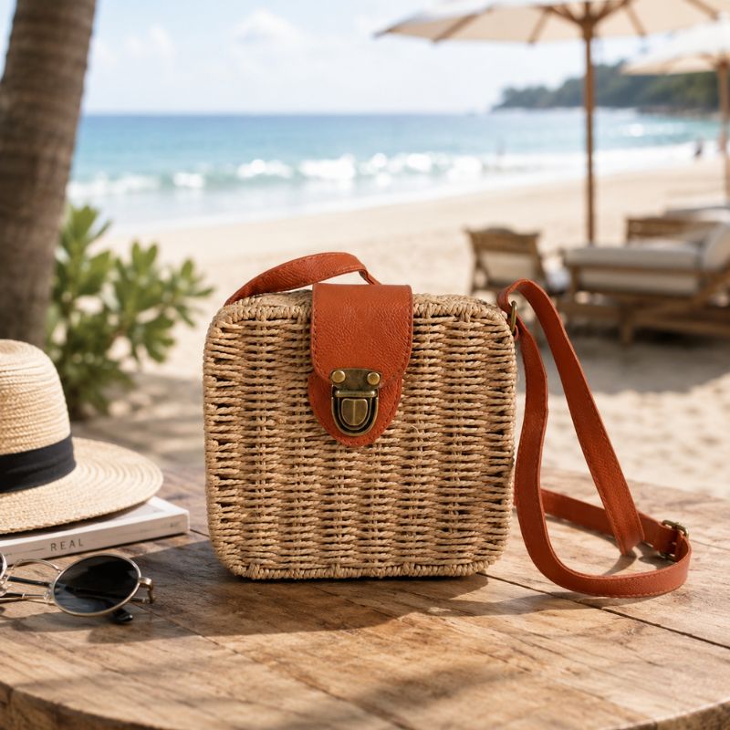Bolsa de praia chique em um ambiente praiano modelo elegante natural