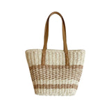 Bolsa de Praia Palha Listrada Boêmia Artesanal Bege 
