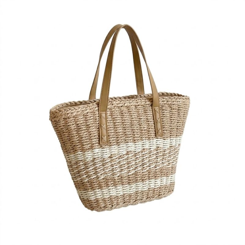 Bolsa de Praia Palha Listrada Boêmia Artesanal Cáqui 