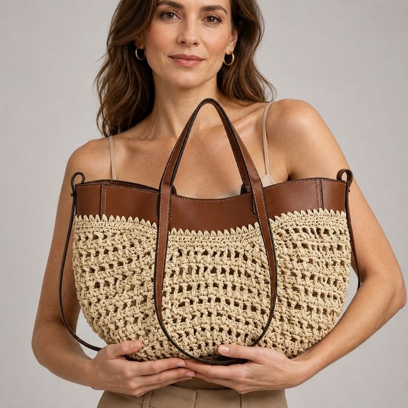 bolsa de palha rattan com alças em couro