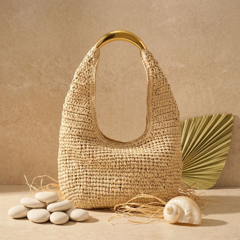 detalhes da bolsa de palha rattan bege