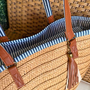 bolsa de palha com alca de couro