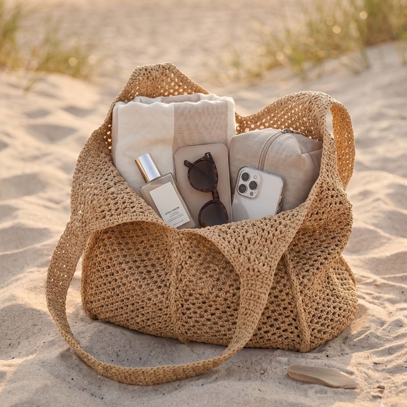 Bolsa de praia de crochê marrom aberta com itens como toalha, óculos, celular e protetor solar na areia

