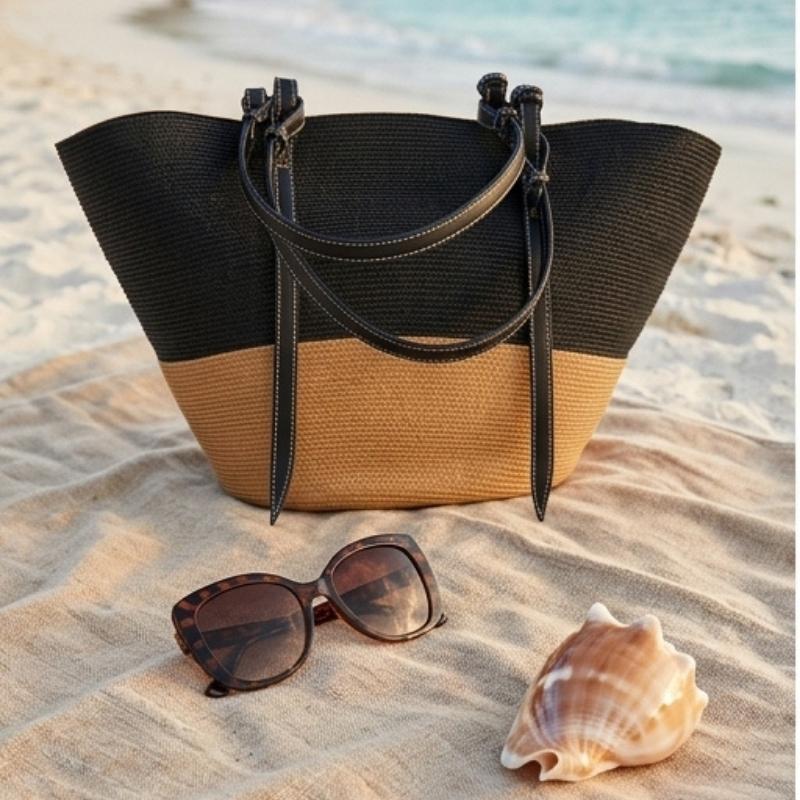 bolsa de palha com alca de couro