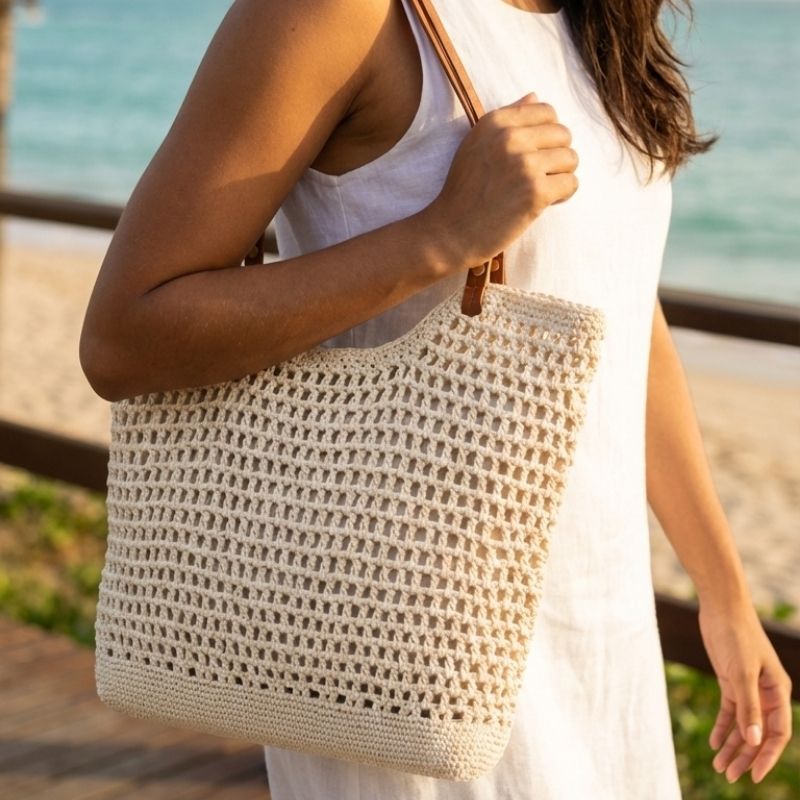 bolsa de crochê bege elegante com alça de ombro