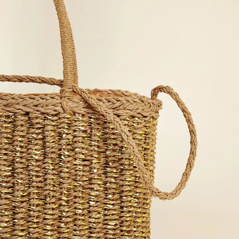 Alça reforçada da bolsa de palha quadrada dourada Bellisse