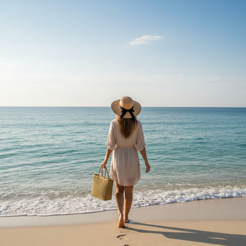 Bolsa de palha dourada Bellisse usada na praia em look de verão