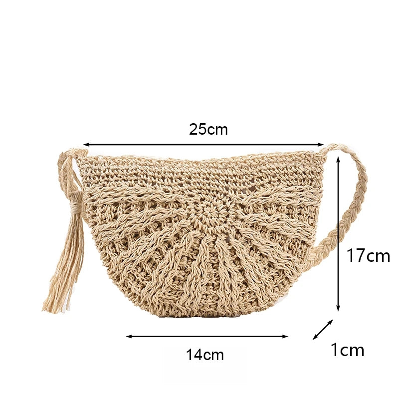 Tamanho da Bolsa de Palha para Praia Bege Semicircular Helena