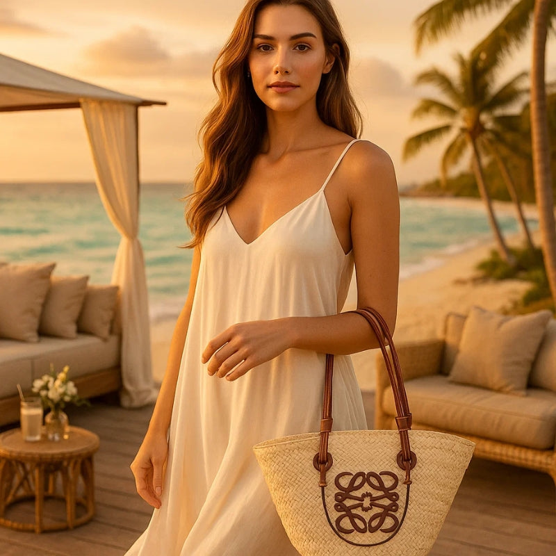 Modelo com Bolsa de Praia Chique Belle Lune – Palha Bege