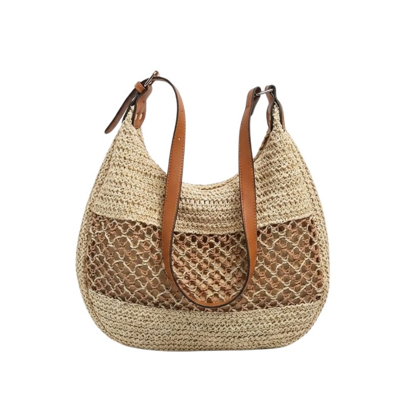 Bolsa de Praia Palha Marelle com Alça de Couro Bege