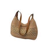 Bolsa de Praia Palha Marelle com Alça de Couro Cáqui
