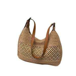 Bolsa de Praia Palha Marelle com Alça de Couro Cáqui