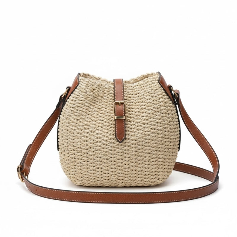 Bolsa de palha Siena bege retrô — compacta com zíper e forro interno artesanal