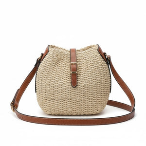 Bolsa de palha Siena bege retrô — compacta com zíper e forro interno artesanal