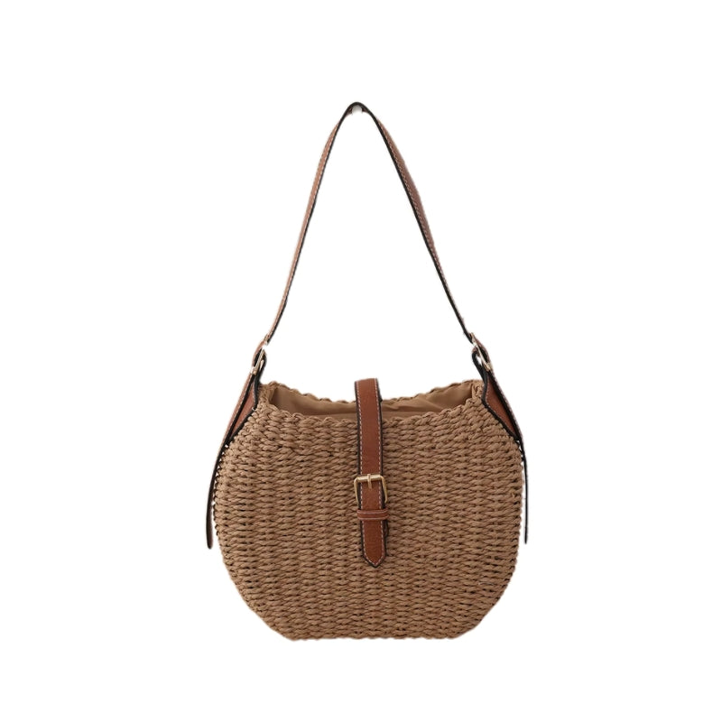 Bolsa de palha Siena cáqui retrô — compacta com zíper e forro interno artesanal