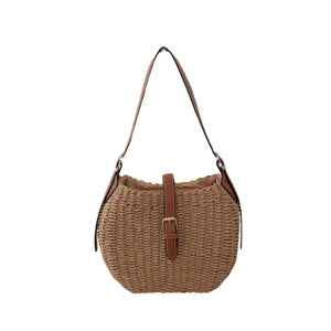 Bolsa de palha Siena cáqui retrô — compacta com zíper e forro interno artesanal