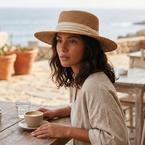 modelo usando chapeu panama caqui com faixa off white