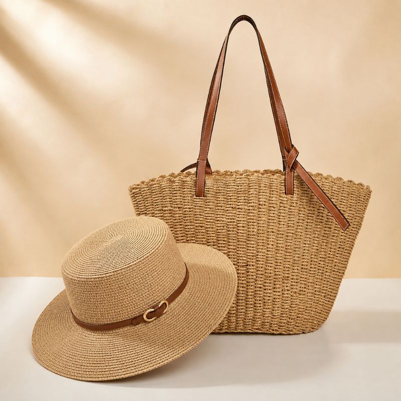 Bolsa de praia de palha natural com alças marrons e chapéu de palha
