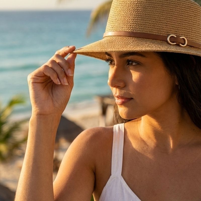 Mulher usando Chapéu Panamá Mirella bege em ambiente de praia