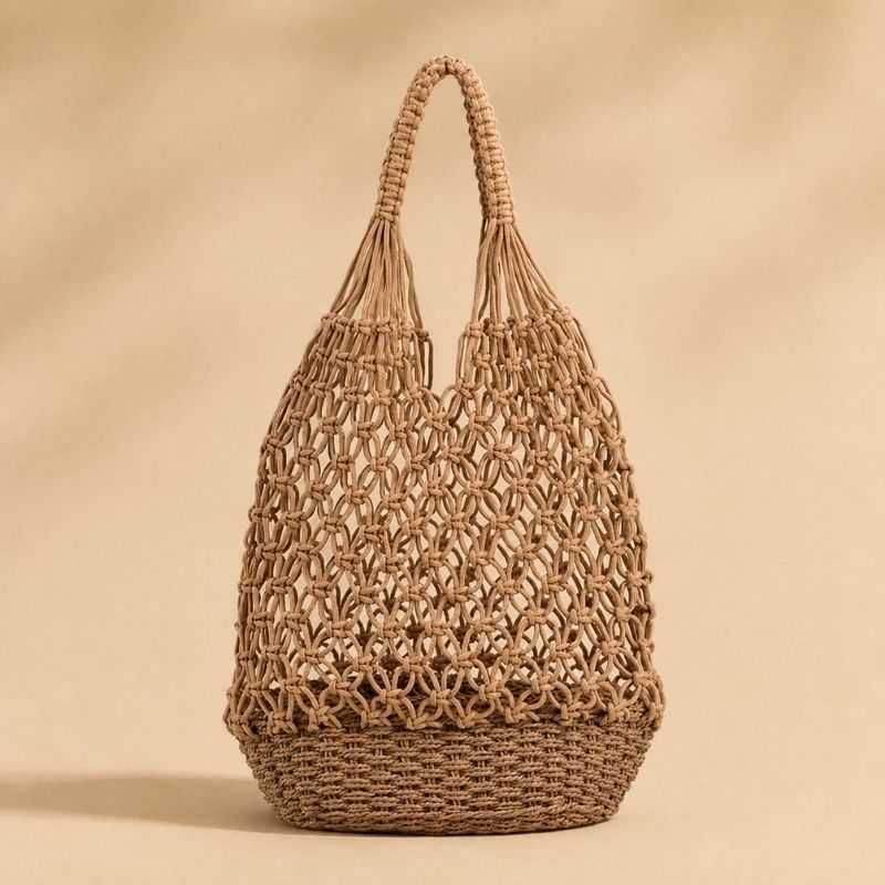 Bolsa de Praia de Crochê Helena cáqui com design vazado artesanal