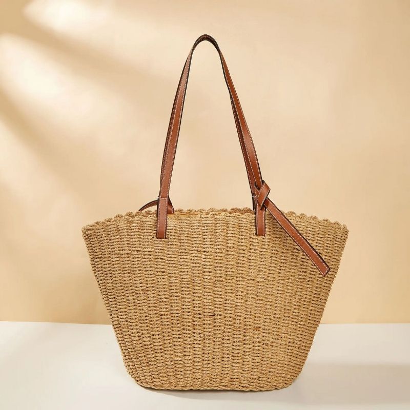 Bolsa de praia de palha natural com alças marrons