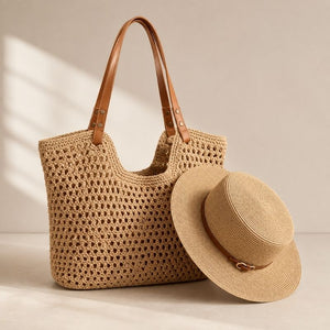 bolsa de croche e chapeu de palha caqui