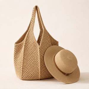 bolsa de croche caqui e chapeu de palha caqui