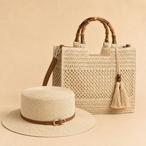 Kit de Praia Aveline + Mirella Bege com bolsa de palha e chapéu Panamá