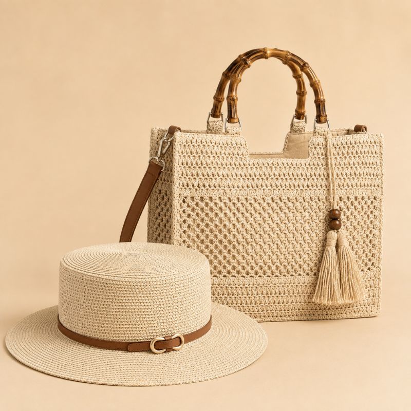 Kit de Praia Aveline + Mirella Bege com bolsa de palha e chapéu Panamá