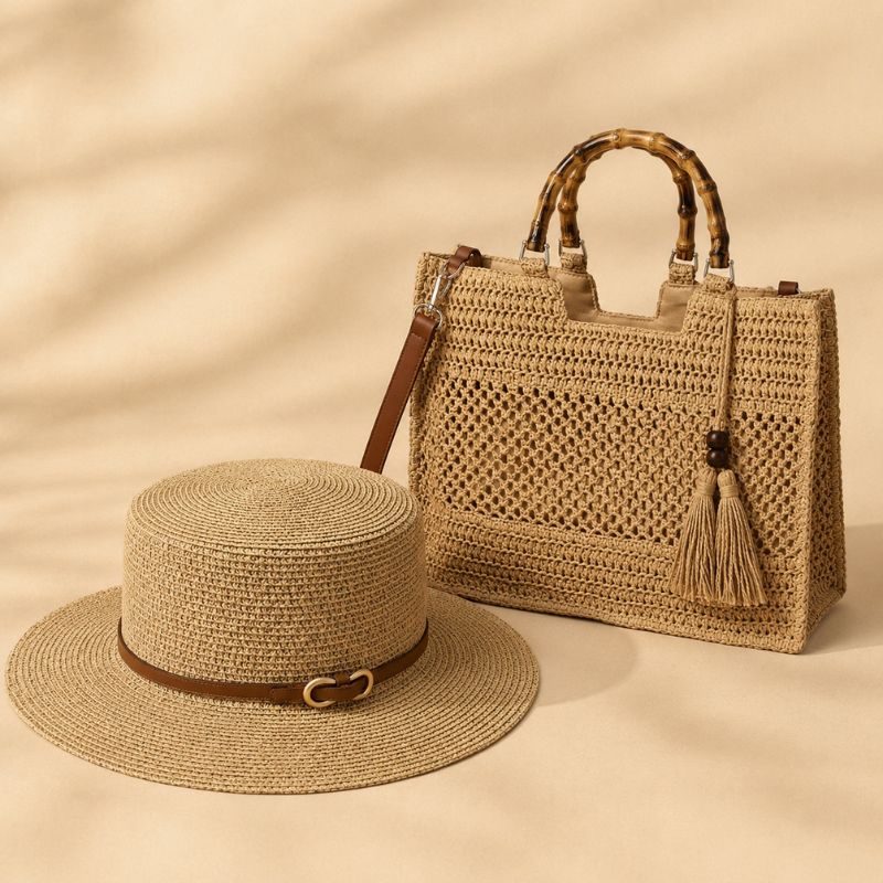 Kit de Praia Aveline + Mirella Cáqui com bolsa de palha e chapéu Panamá