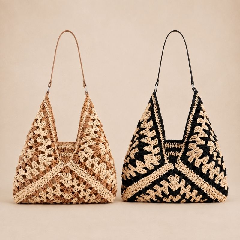 Kit de praia com 2 bolsas de crochê Bella e Clara lado a lado em fundo bege