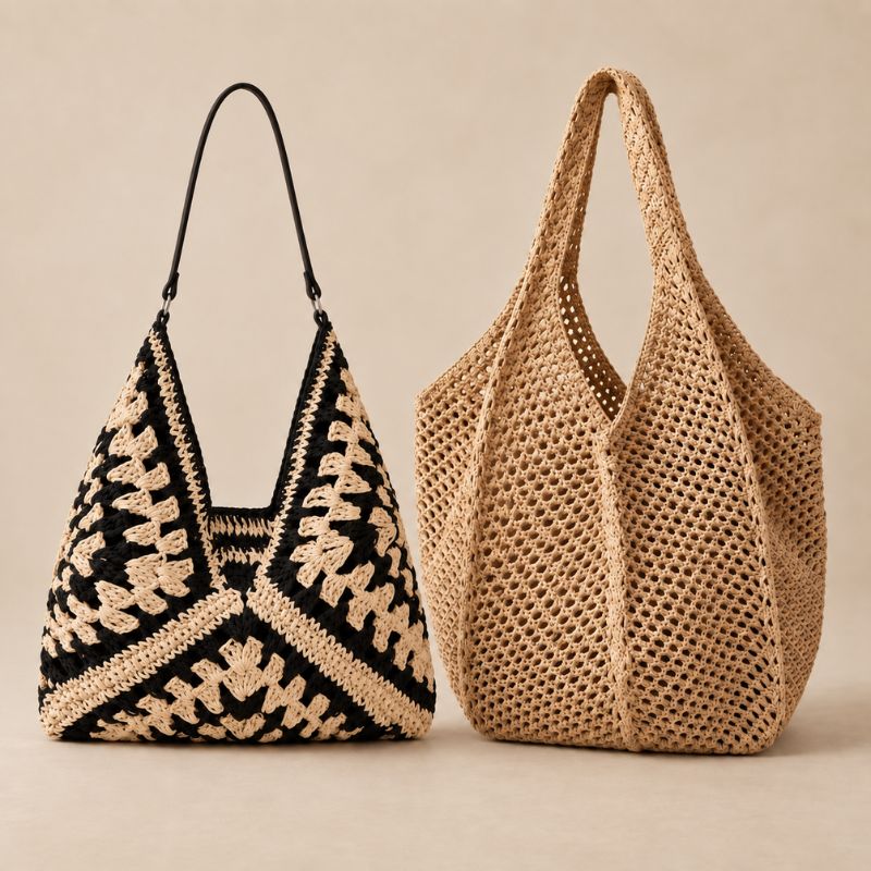 Kit de Praia com 2 Bolsas de Crochê Bella e Venezia Cáqui lado a lado
