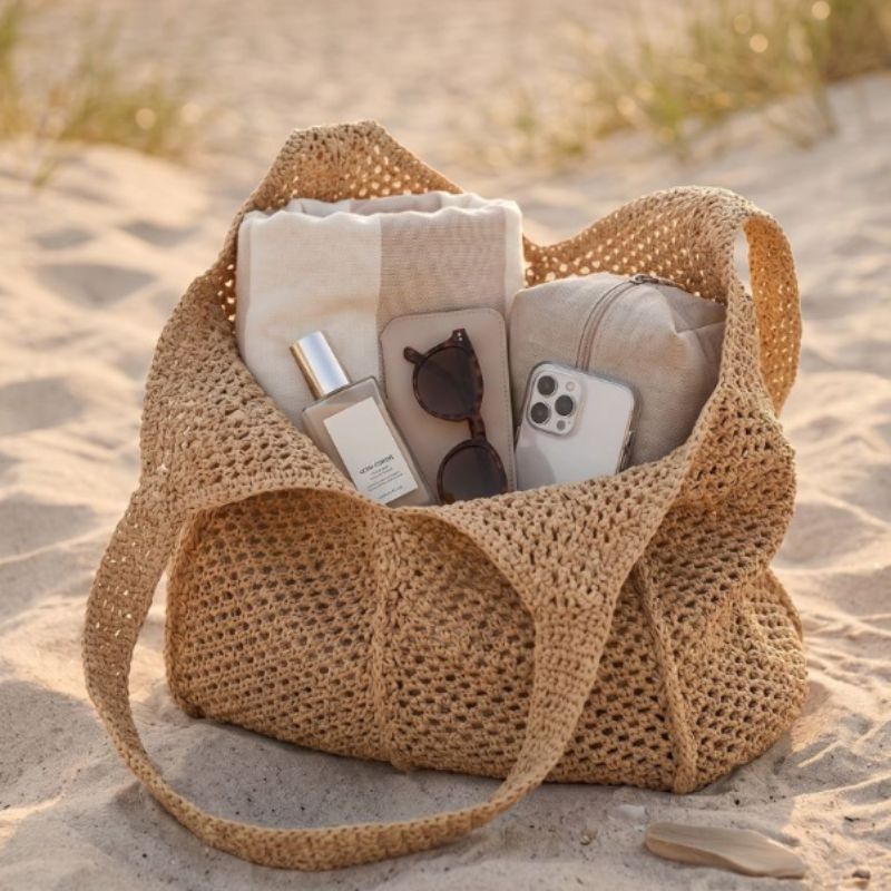 Interior da Bolsa de Crochê Venezia Cáqui com itens de praia