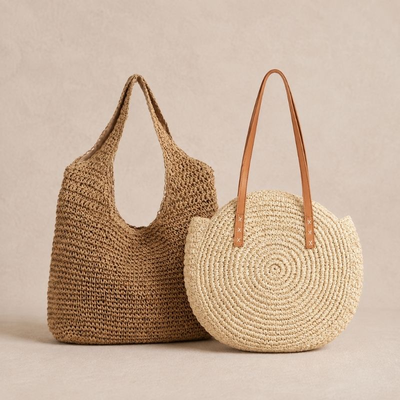 Kit de praia com 2 bolsas de palha Venti Bege e Rattan Cáqui lado a lado