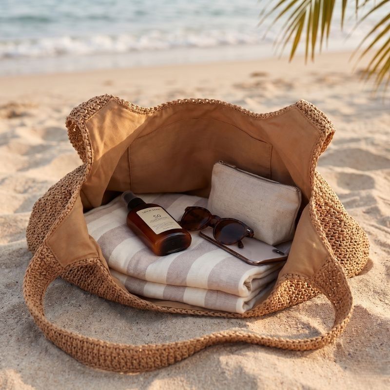 Interior da Bolsa de Praia Venti Bege com itens organizados