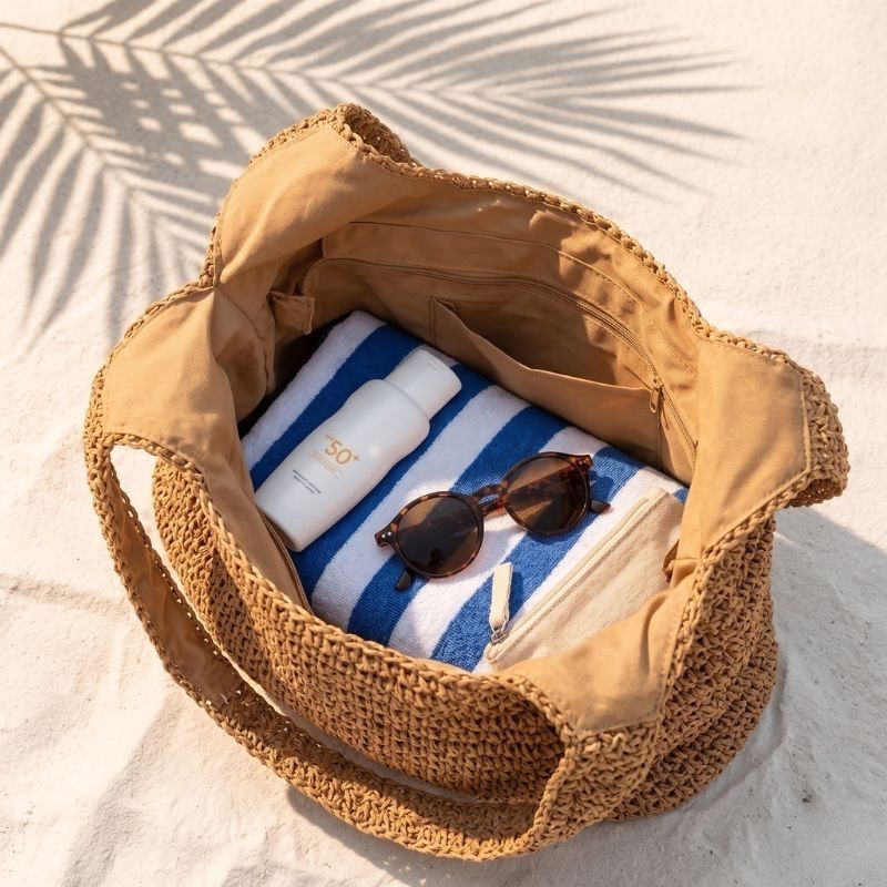 Interior da Bolsa de Palha Rattan Cáqui com itens de praia organizados