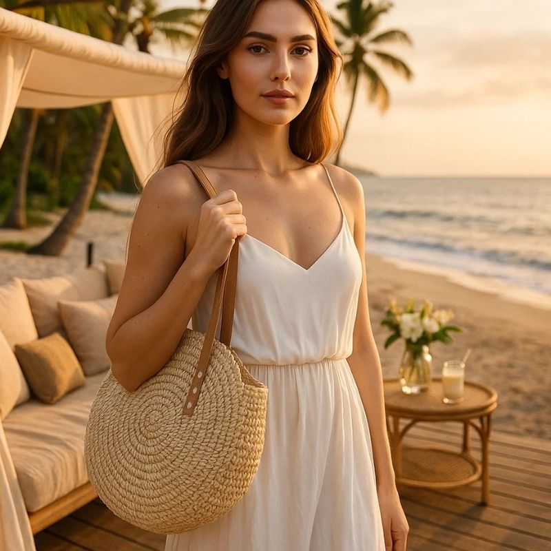 Mulher usando Bolsa de Palha Rattan Cáqui em look de verão