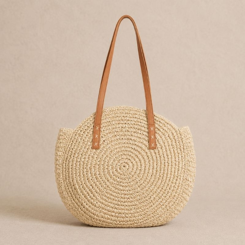 Bolsa de Palha Rattan Cáqui com alças em couro em fundo neutro