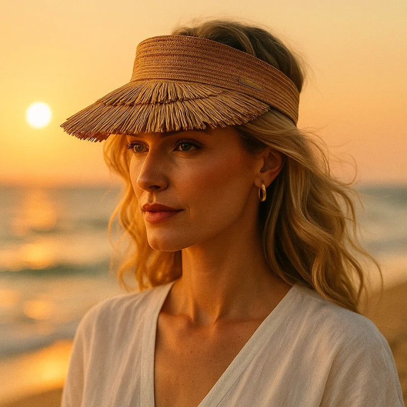 Viseira de Praia com Franja – Elegância em Palha Natural Bege