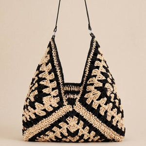 bolsa de praia feminina crochê preto com off white classica 