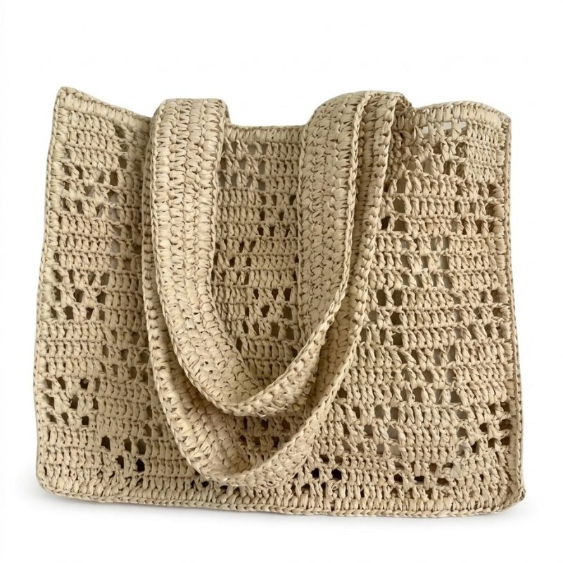 bolsa de palha trabalhada de praia cor bege