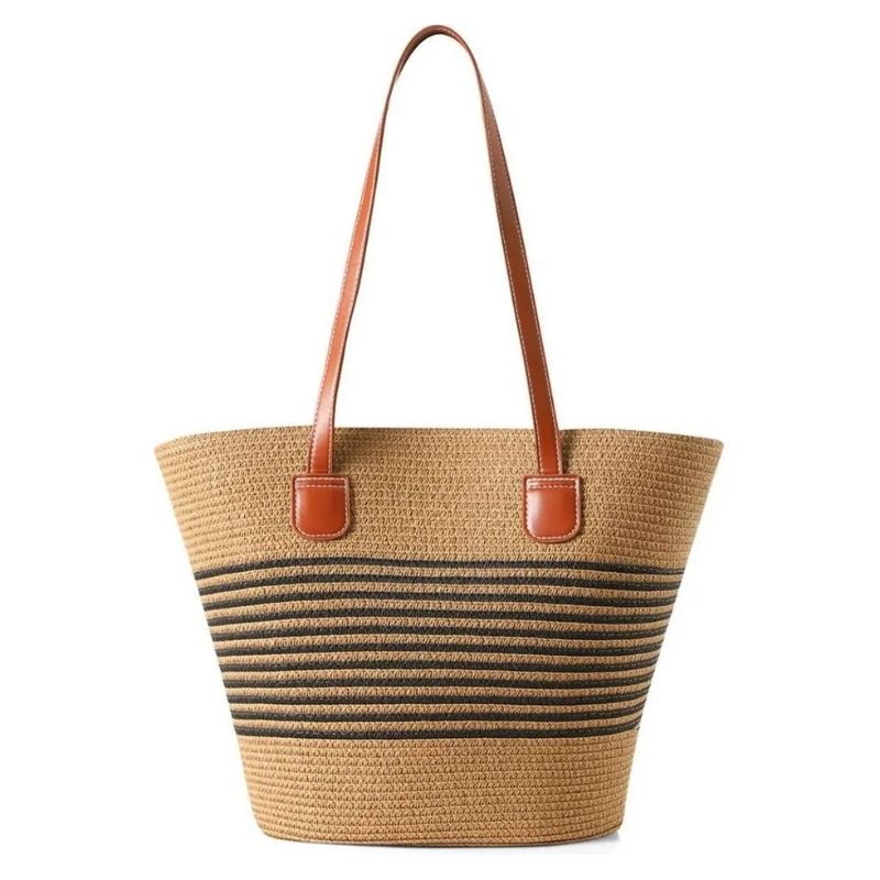 Bolsa de palha Capri Luxo listrada grande — estilo resort feminino para praia