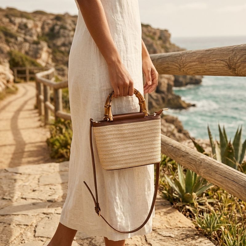 bolsa de praia com alca em bambu