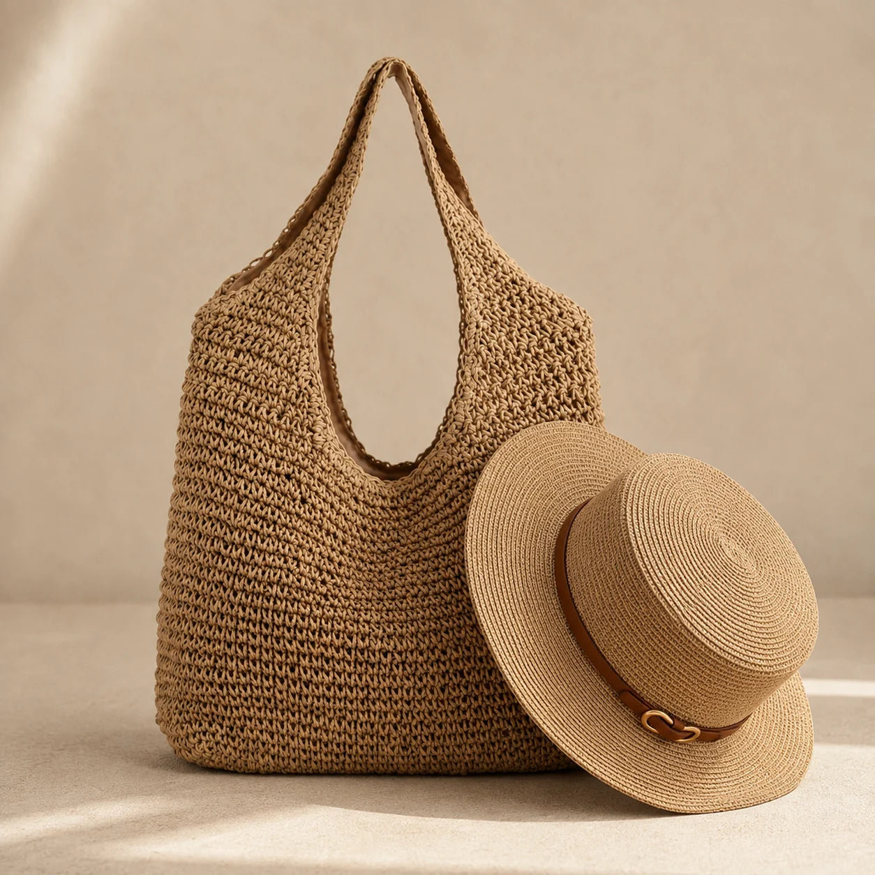 Conjunto de praia cáqui: bolsa de palha rattan e chapéu Panamá Mirella